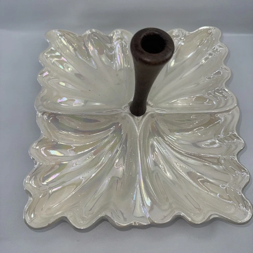 Vintage Maddux Ceramic Tidbit Tray: Iridescent with Wood Centerpiece MCM